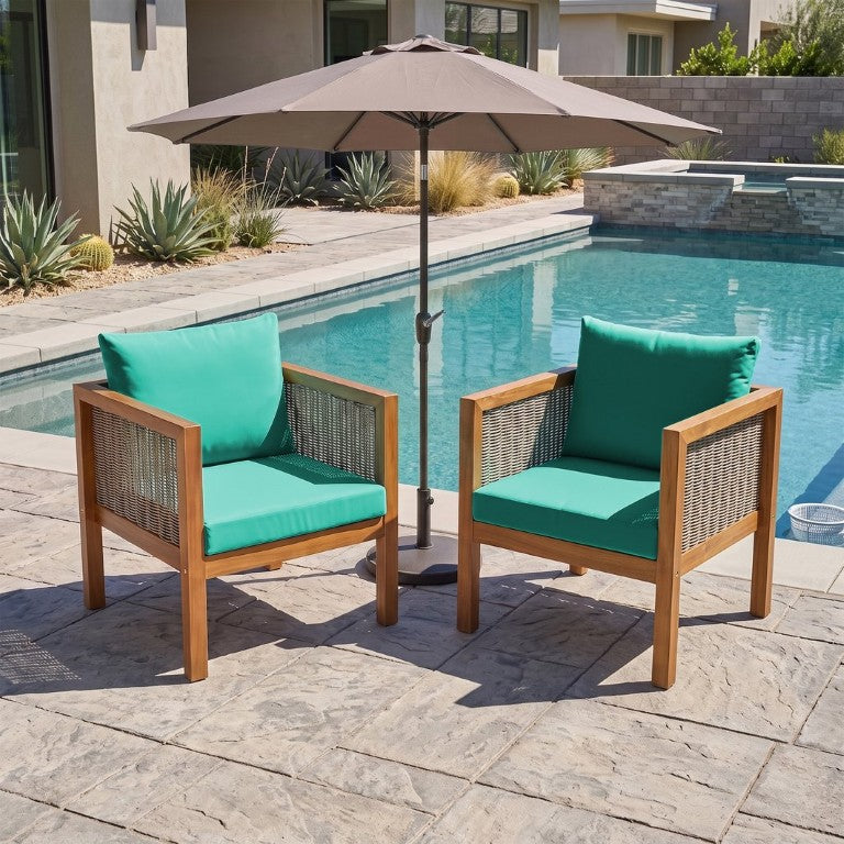 English Elm 2 Piece Outdoor Acacia Wood Rattan Armchair Set with Water Resistant Cushions for Patio N719P487991C