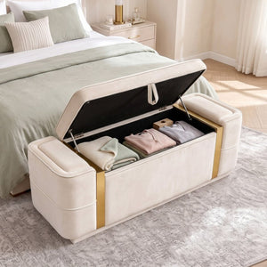 English Elm Modern Velvet Storage Ottoman Bench with Gold Accents for Bedroom or Entryway Beige N719P497054A