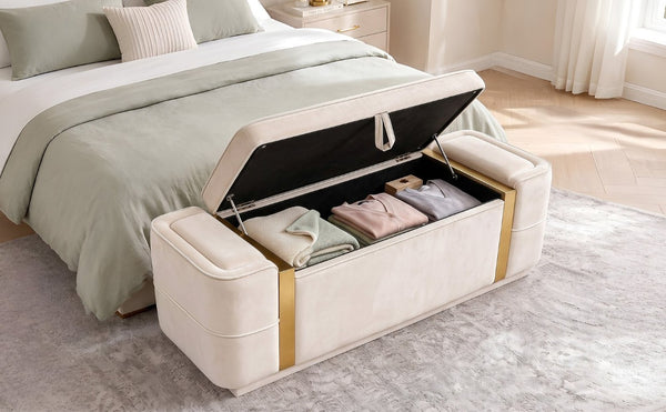 English Elm Modern Velvet Storage Ottoman Bench with Gold Accents for Bedroom or Entryway Beige N719P497054A