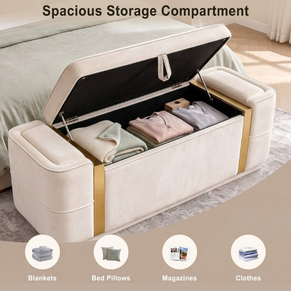 English Elm Modern Velvet Storage Ottoman Bench with Gold Accents for Bedroom or Entryway Beige N719P497054A