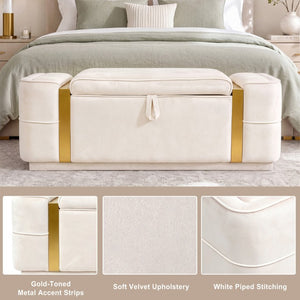 English Elm Modern Velvet Storage Ottoman Bench with Gold Accents for Bedroom or Entryway Beige N719P497054A