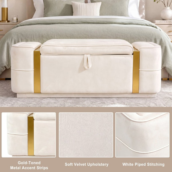 English Elm Modern Velvet Storage Ottoman Bench with Gold Accents for Bedroom or Entryway Beige N719P497054A
