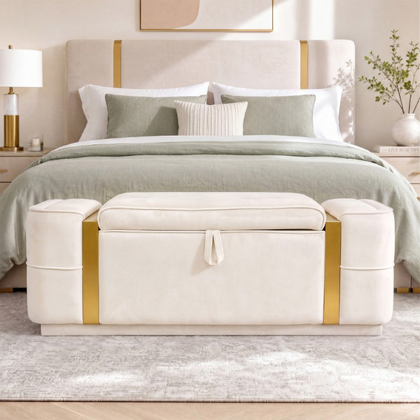English Elm Modern Velvet Storage Ottoman Bench with Gold Accents for Bedroom or Entryway Beige N719P497054A