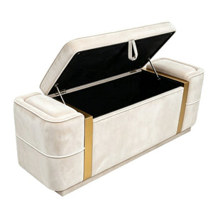 English Elm Modern Velvet Storage Ottoman Bench with Gold Accents for Bedroom or Entryway Beige N719P497054A