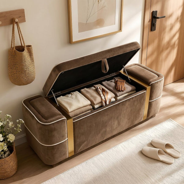 English Elm Modern Velvet Storage Ottoman Bench with Gold Accents for Bedroom or Entryway Brown N719P497054D