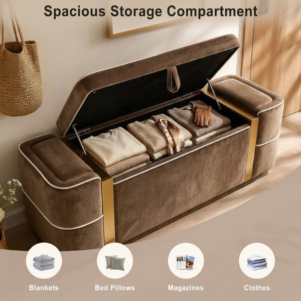 English Elm Modern Velvet Storage Ottoman Bench with Gold Accents for Bedroom or Entryway Brown N719P497054D