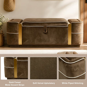 English Elm Modern Velvet Storage Ottoman Bench with Gold Accents for Bedroom or Entryway Brown N719P497054D