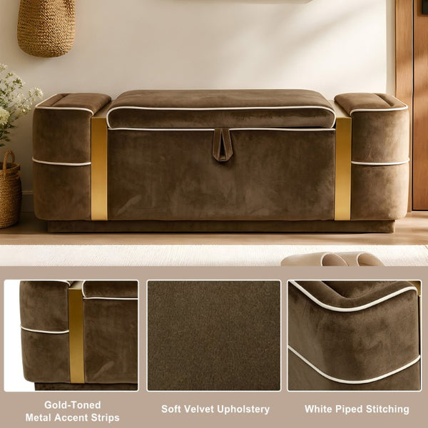 English Elm Modern Velvet Storage Ottoman Bench with Gold Accents for Bedroom or Entryway Brown N719P497054D