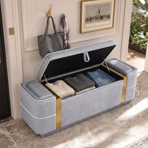 English Elm Modern Velvet Storage Ottoman Bench with Gold Accents for Bedroom or Entryway Grey N719P497054E