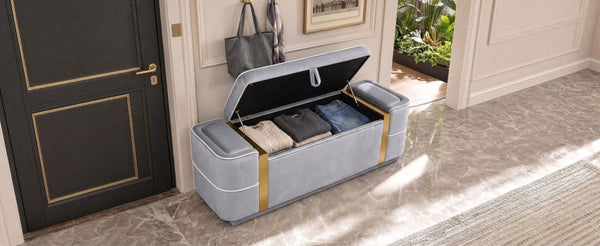 English Elm Modern Velvet Storage Ottoman Bench with Gold Accents for Bedroom or Entryway Grey N719P497054E