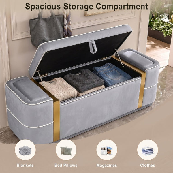 English Elm Modern Velvet Storage Ottoman Bench with Gold Accents for Bedroom or Entryway Grey N719P497054E