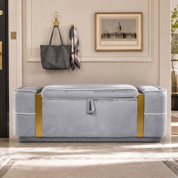 English Elm Modern Velvet Storage Ottoman Bench with Gold Accents for Bedroom or Entryway Grey N719P497054E