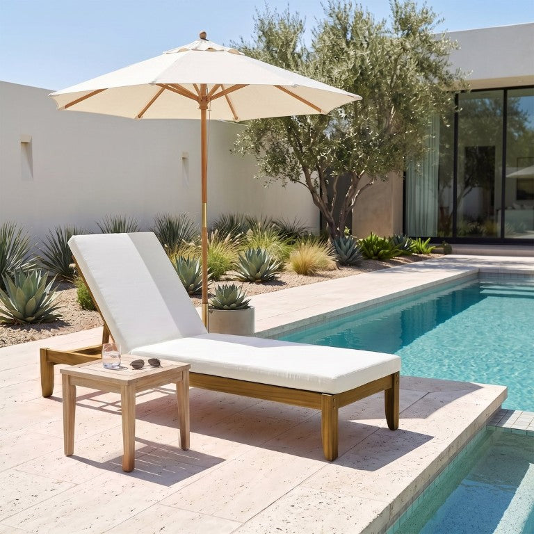English Elm Adjustable Acacia Wood Outdoor Chaise Lounge with Waterproof Cushion for Poolside Decks Natural+Beige Single (24.8") N719P503902N