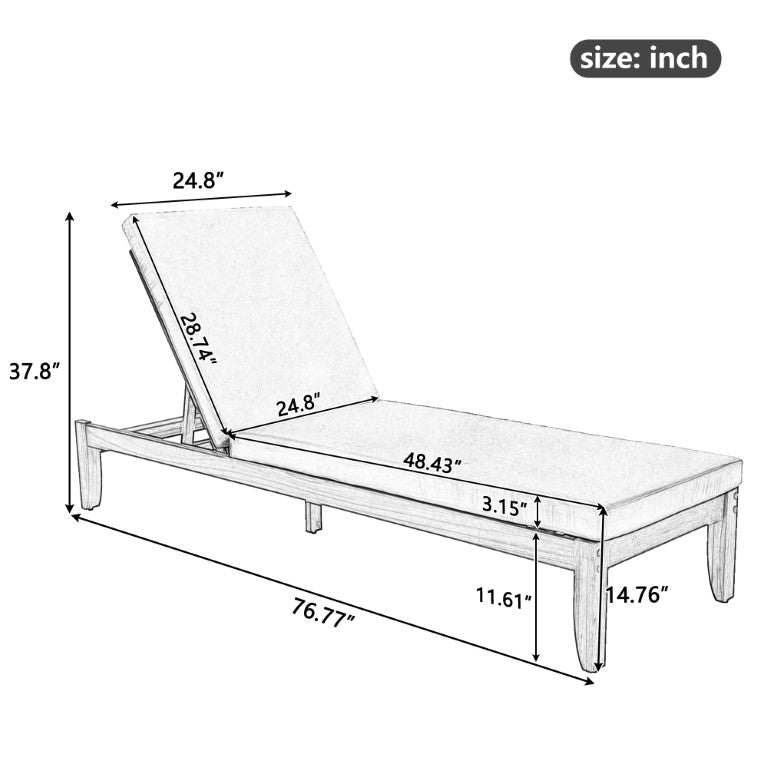 English Elm Adjustable Acacia Wood Outdoor Chaise Lounge with Waterproof Cushion for Poolside Decks Natural+Beige Single (24.8") N719P503902N