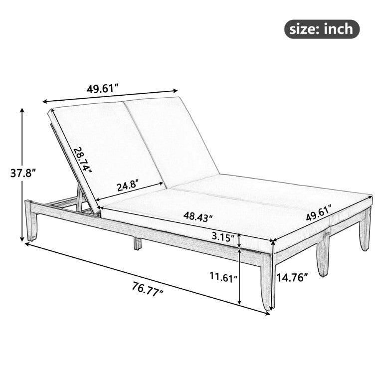 English Elm Adjustable Acacia Wood Double Chaise Lounge Outdoor Two Person Poolside Recliner N719P504872N