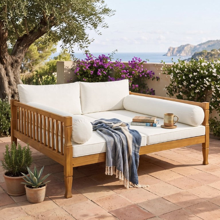 English Elm Outdoor Acacia Wood Convertible Daybed Sofa with Water Resistant Cushions for Patio Beige/Teak N719P534795A