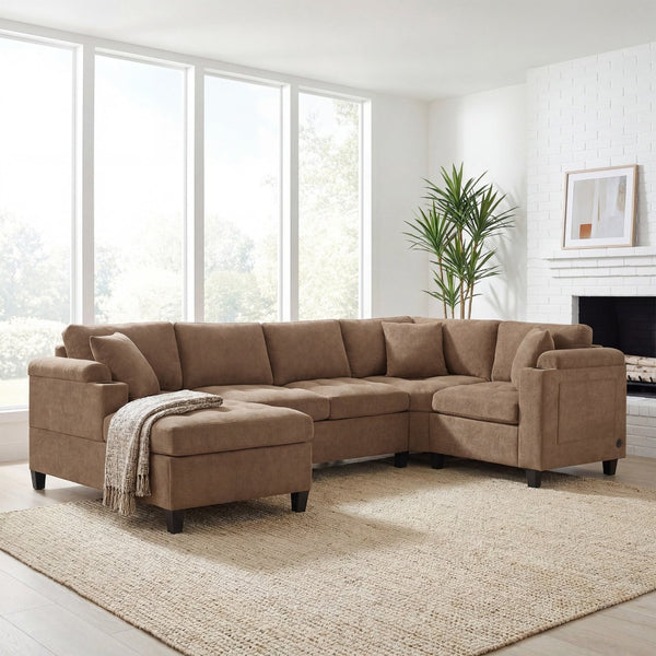 English Elm Modern U-shaped Chenille Sectional Sofa with Usb Ports Storage and Cup Holders N719S002150D