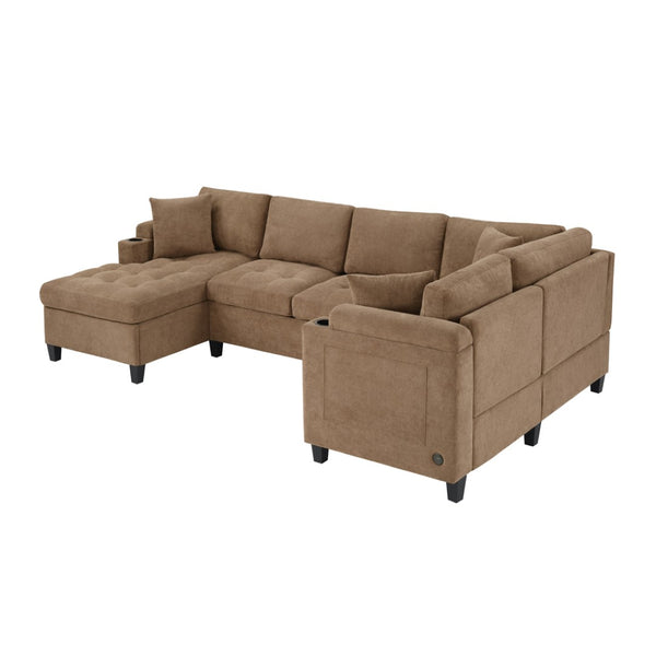 English Elm Modern U-shaped Chenille Sectional Sofa with Usb Ports Storage and Cup Holders N719S002150D