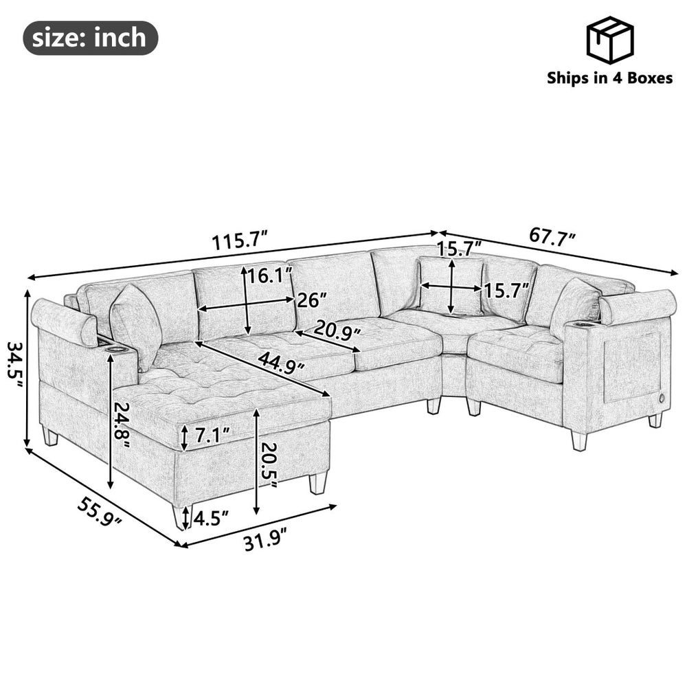 English Elm Modern U-shaped Chenille Sectional Sofa with Usb Ports Storage and Cup Holders N719S002150D