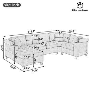 English Elm Modern U-shaped Chenille Sectional Sofa with Usb Ports Storage and Cup Holders N719S002150D