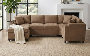 English Elm Modern U-shaped Chenille Sectional Sofa with Usb Ports Storage and Cup Holders N719S002150D