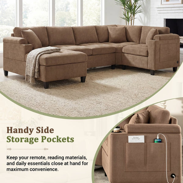 English Elm Modern U-shaped Chenille Sectional Sofa with Usb Ports Storage and Cup Holders N719S002150D