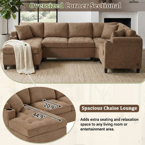 English Elm Modern U-shaped Chenille Sectional Sofa with Usb Ports Storage and Cup Holders N719S002150D