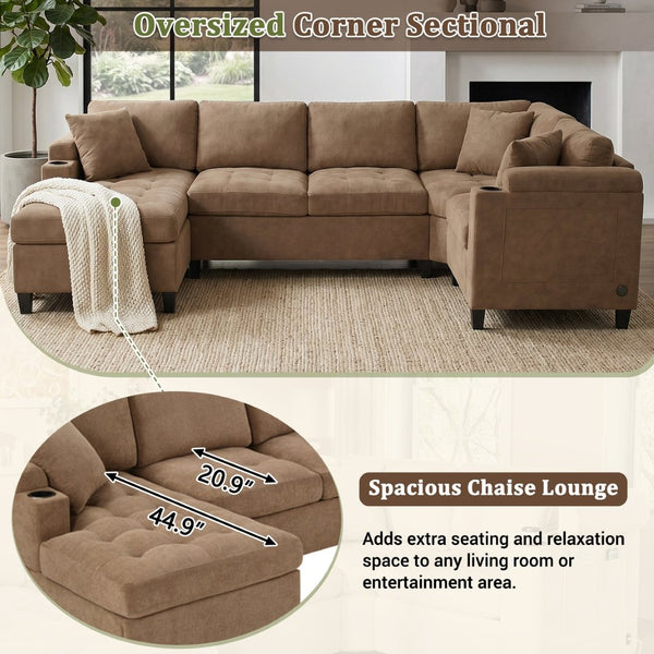 English Elm Modern U-shaped Chenille Sectional Sofa with Usb Ports Storage and Cup Holders N719S002150D