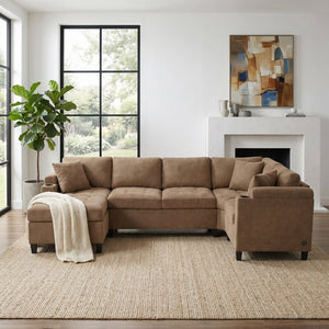 English Elm Modern U-shaped Chenille Sectional Sofa with Usb Ports Storage and Cup Holders N719S002150D