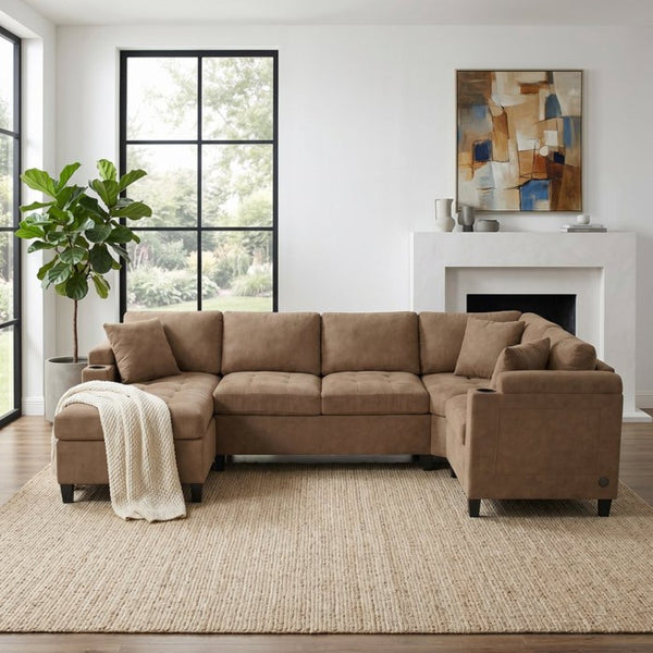 English Elm Modern U-shaped Chenille Sectional Sofa with Usb Ports Storage and Cup Holders N719S002150D