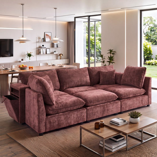 English Elm Modern Chenille Modular Sectional Sofa with USB Charging Storage Armrests and Sleeper N719S002300J