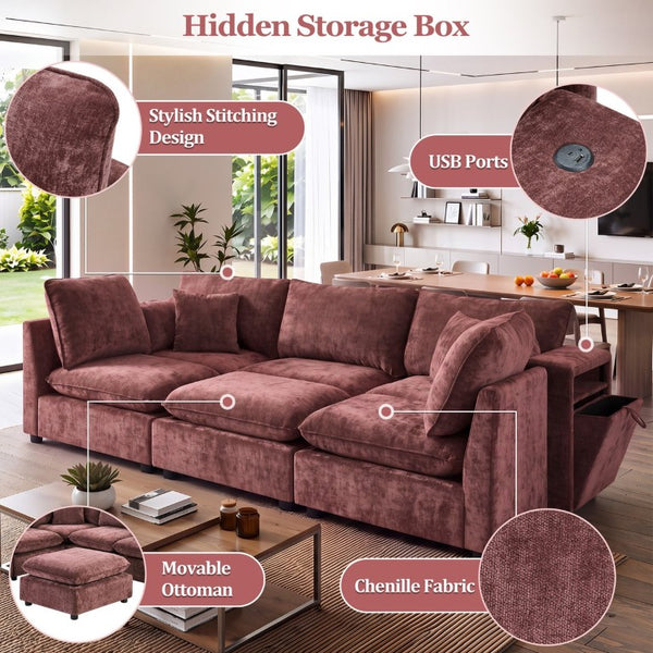 English Elm Modern Chenille Modular Sectional Sofa with USB Charging Storage Armrests and Sleeper N719S002300J