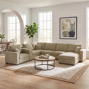 English Elm 5‑Seat Modular U-Shape Sectional with Chenille Upholstery Storage Drawer and Cup Holders Brown N719S002350D