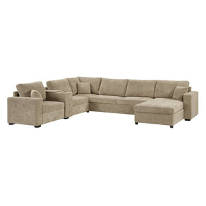 English Elm 5‑Seat Modular U-Shape Sectional with Chenille Upholstery Storage Drawer and Cup Holders Brown N719S002350D