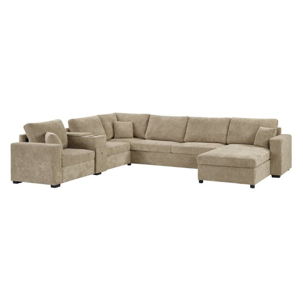 English Elm 5‑Seat Modular U-Shape Sectional with Chenille Upholstery Storage Drawer and Cup Holders Brown N719S002350D