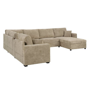 English Elm 5‑Seat Modular U-Shape Sectional with Chenille Upholstery Storage Drawer and Cup Holders Brown N719S002350D