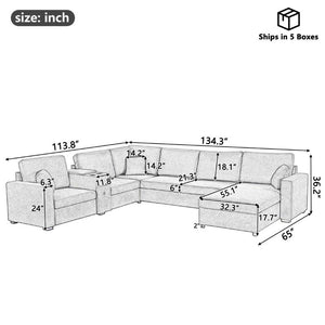 English Elm 5‑Seat Modular U-Shape Sectional with Chenille Upholstery Storage Drawer and Cup Holders Brown N719S002350D