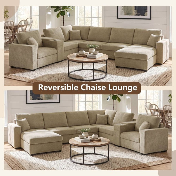 English Elm 5‑Seat Modular U-Shape Sectional with Chenille Upholstery Storage Drawer and Cup Holders Brown N719S002350D