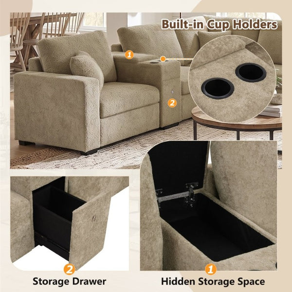 English Elm 5‑Seat Modular U-Shape Sectional with Chenille Upholstery Storage Drawer and Cup Holders Brown N719S002350D