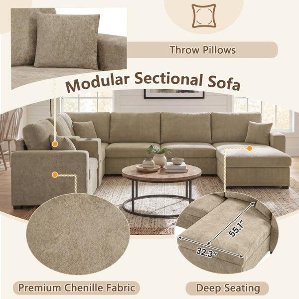 English Elm 5‑Seat Modular U-Shape Sectional with Chenille Upholstery Storage Drawer and Cup Holders Brown N719S002350D