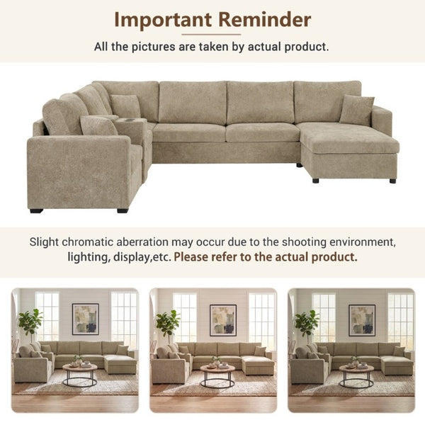 English Elm 5‑Seat Modular U-Shape Sectional with Chenille Upholstery Storage Drawer and Cup Holders Brown N719S002350D