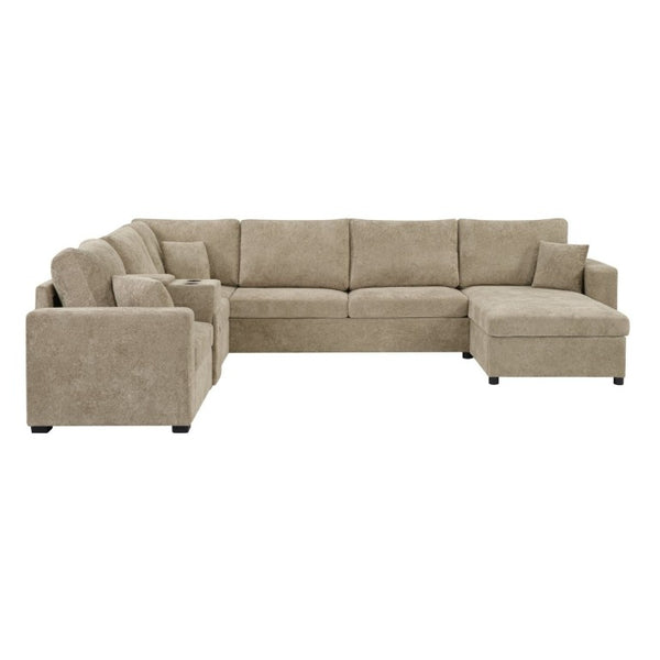 English Elm 5‑Seat Modular U-Shape Sectional with Chenille Upholstery Storage Drawer and Cup Holders Brown N719S002350D