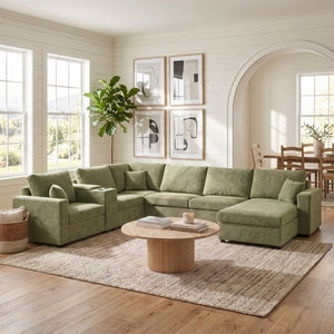 English Elm 5‑Seat Modular U-Shape Sectional with Chenille Upholstery Storage Drawer and Cup Holders Green N719S002350F