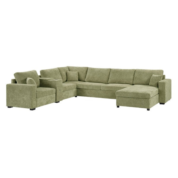 English Elm 5‑Seat Modular U-Shape Sectional with Chenille Upholstery Storage Drawer and Cup Holders Green N719S002350F