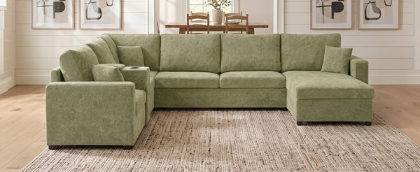 English Elm 5‑Seat Modular U-Shape Sectional with Chenille Upholstery Storage Drawer and Cup Holders Green N719S002350F