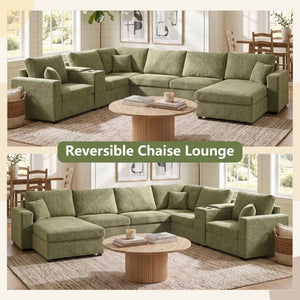 English Elm 5‑Seat Modular U-Shape Sectional with Chenille Upholstery Storage Drawer and Cup Holders Green N719S002350F
