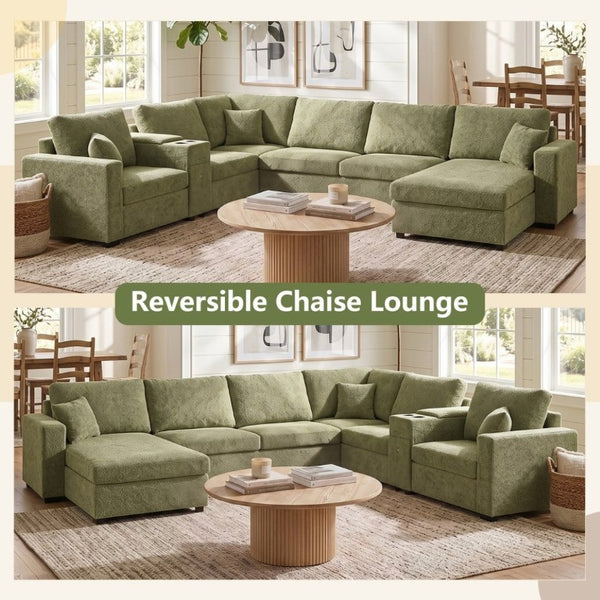 English Elm 5‑Seat Modular U-Shape Sectional with Chenille Upholstery Storage Drawer and Cup Holders Green N719S002350F