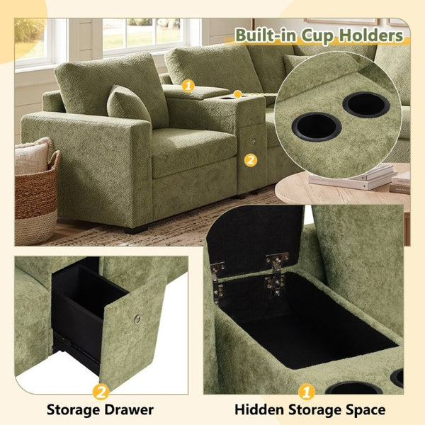 English Elm 5‑Seat Modular U-Shape Sectional with Chenille Upholstery Storage Drawer and Cup Holders Green N719S002350F