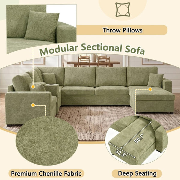 English Elm 5‑Seat Modular U-Shape Sectional with Chenille Upholstery Storage Drawer and Cup Holders Green N719S002350F