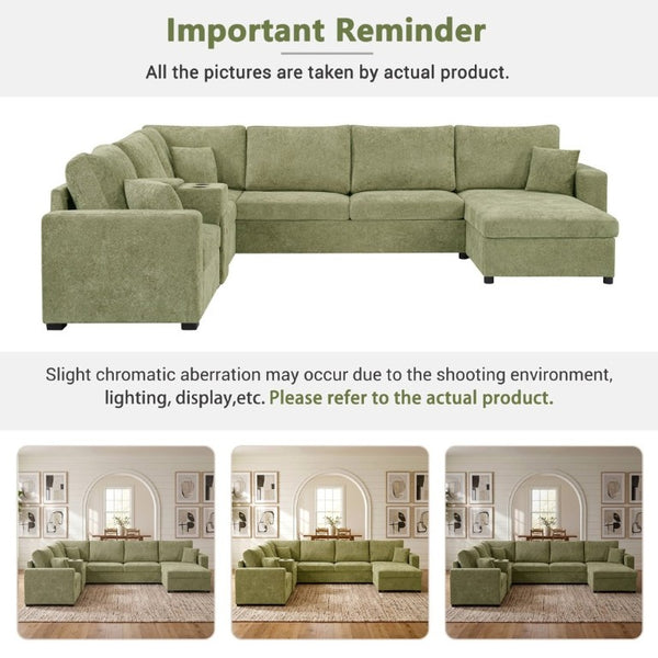 English Elm 5‑Seat Modular U-Shape Sectional with Chenille Upholstery Storage Drawer and Cup Holders Green N719S002350F